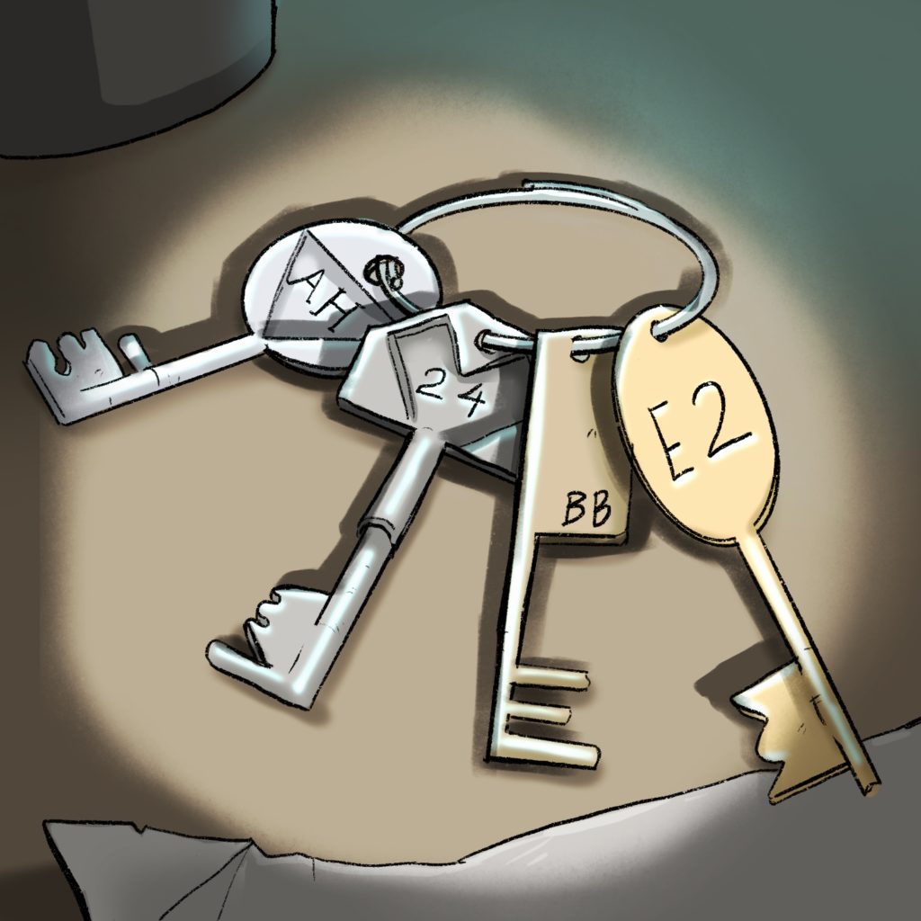 There are four keys on a keyring. One silver key with a circular bow has a triangle shape with AH written inside, one silver key with a trapezoidal bow has a heart shape with 24 written inside, one gold key has a rectangular bow with BB written inside, one gold key with an oval bow has E2 written inside.